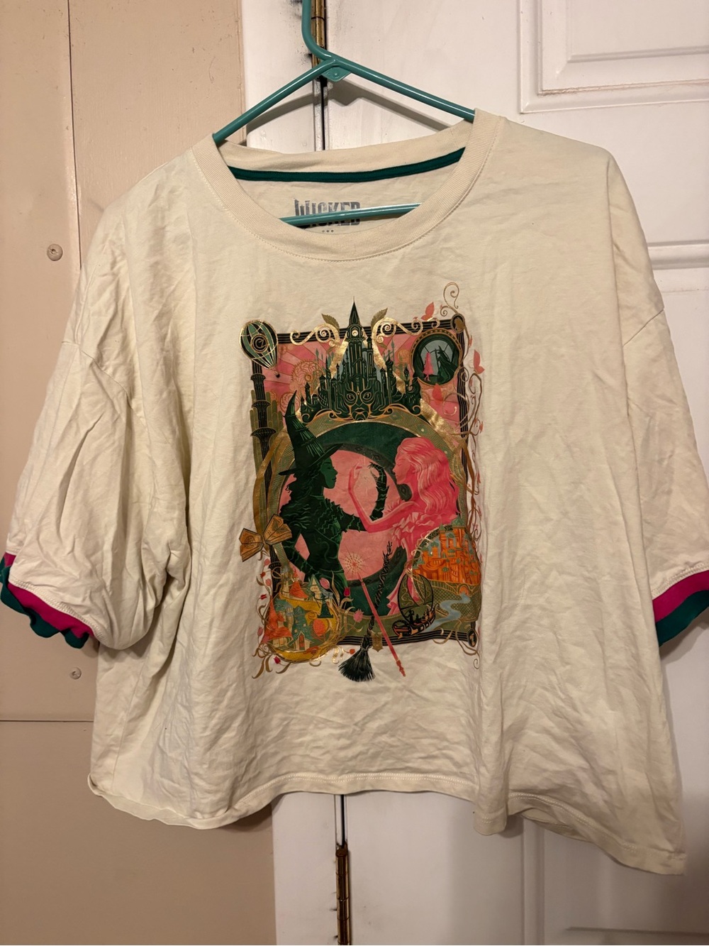 WICKED Cream Graphic Short-Sleeve cropped top with Pink & Green Accents